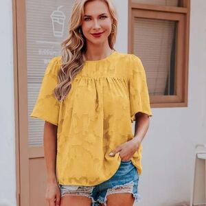 Casual Lace Flare Sleeve Blouse, Short Sleeve Crew Neck Solid Blouse.